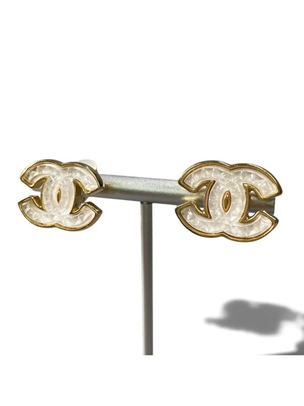 Chanel H2 CC Logo Earrings Gold White